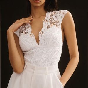 Anthropologie Alandra Cap-Sleeve Lace Bodysuit in White, Size XS
